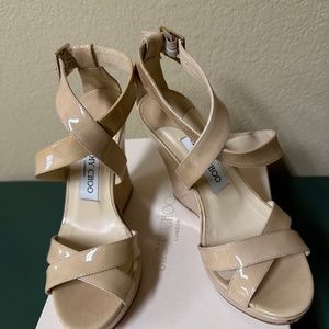 Jimmy Choo Lucia Patent Leather Wedge Platform Sandals﻿, Nude, 5.5